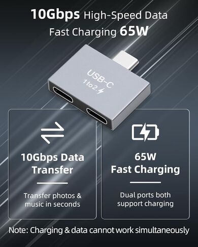 GELRHONR USB C to C Adapter, 10Gbps USB C Male to Dual Female Converter, 65W Double Type-C Port Charger Adapter for Notebook, Tablet, Phones and More Type C Devices (1 to 2) in Saudi Arabia