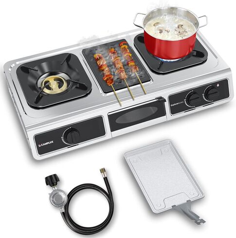 CAMPLUX 2 Burner Propane Stove, LPG Tempered Glass Auto Ignition Double Burner Portable Gas Stove Top, 19,000 BTU Propane Cooktop for Camping, CSA Regulator & Hose Included, estufa de gas portatil in Kuwait
