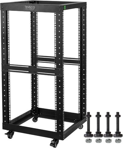 RIVECO 25U Open Frame Server Rack with Wheels + PDU (8 Outlets) Power Strip Surge Protector (2pcs Rack Shelves +1 PDU, 25U) in Kuwait