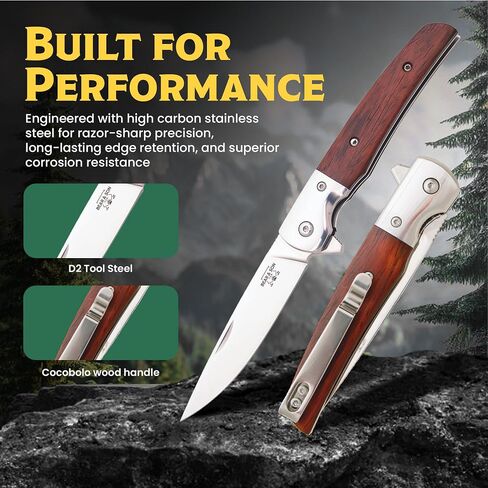 BEAR & SON – Manual Flipper Knife 3.38" D2 Tool Steel Blade | Cocobola Wood Handle Pocket Knife for Everyday Carry | Lightweight Folding EDC with Clip Point Blade | USA Made CB21 Rancher Sideliner in Kuwait