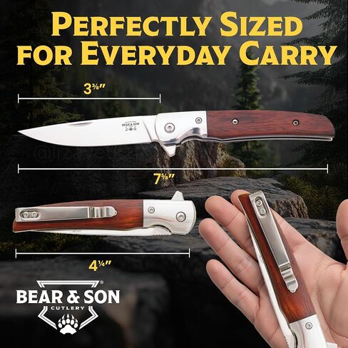 BEAR & SON – Manual Flipper Knife 3.38" D2 Tool Steel Blade | Cocobola Wood Handle Pocket Knife for Everyday Carry | Lightweight Folding EDC with Clip Point Blade | USA Made CB21 Rancher Sideliner in Kuwait