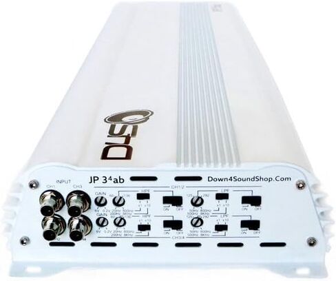 DOWN4SOUND JP34 AB White Gloss 4 Channel Car Audio Amplifier | 590W RMS Class AB Power Amp | Car Stereo Speaker Amplifier | High-Performance Automotive Sound in Kuwait