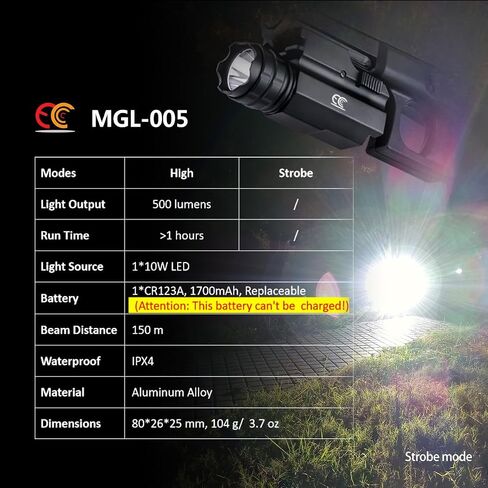 500 Lumens LED Rail Mount Tactical Gun Flashlight Pistol Light with Strobe, Quick Release for Hunting, Black in Kuwait