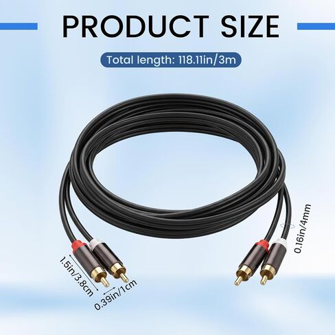 10Ft RCA‑Connector Cables 2RCA‑Connector Male to 2RCA‑Connector Male Cable Stereo Audio Cables for Car Audio Video Home Theater HDTV Gaming Consoles in Kuwait