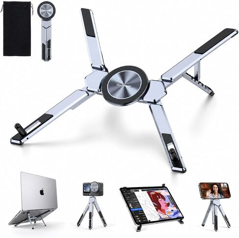 4-in-1 Adjustable Laptop Stand for desk with Magnetic Phone Holder & Camera Tripod, Foldable Aluminum Stand for Laptop, Tablet, Camera, Portable Ergonomic Desk Setup for Travel & Remote Work(Gun Gray) in Saudi Arabia