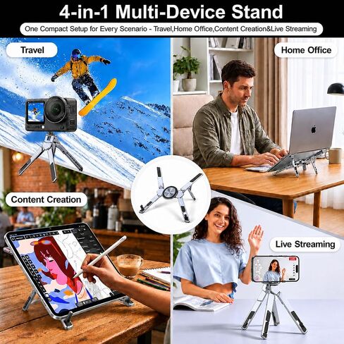 4-in-1 Adjustable Laptop Stand for desk with Magnetic Phone Holder & Camera Tripod, Foldable Aluminum Stand for Laptop, Tablet, Camera, Portable Ergonomic Desk Setup for Travel & Remote Work(Gun Gray) in Saudi Arabia