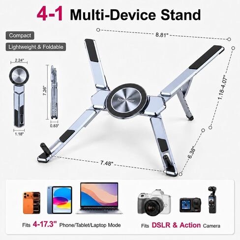 4-in-1 Adjustable Laptop Stand for desk with Magnetic Phone Holder & Camera Tripod, Foldable Aluminum Stand for Laptop, Tablet, Camera, Portable Ergonomic Desk Setup for Travel & Remote Work(Gun Gray) in Saudi Arabia