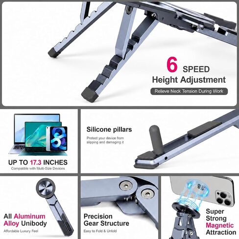 4-in-1 Adjustable Laptop Stand for desk with Magnetic Phone Holder & Camera Tripod, Foldable Aluminum Stand for Laptop, Tablet, Camera, Portable Ergonomic Desk Setup for Travel & Remote Work(Gun Gray) in Saudi Arabia