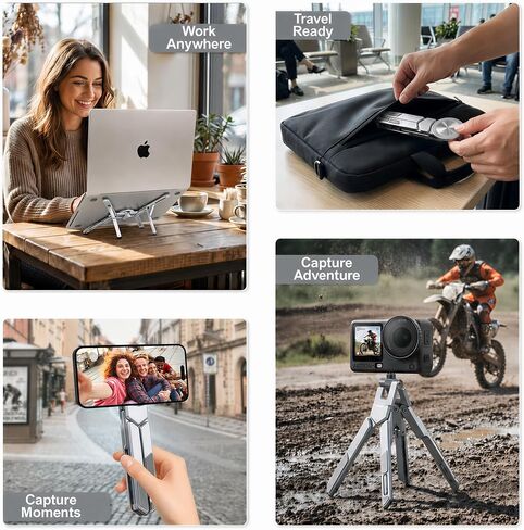 4-in-1 Adjustable Laptop Stand for desk with Magnetic Phone Holder & Camera Tripod, Foldable Aluminum Stand for Laptop, Tablet, Camera, Portable Ergonomic Desk Setup for Travel & Remote Work(Gun Gray) in Saudi Arabia