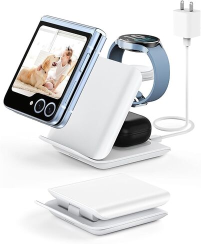 Wireless Charger for Samsung Galaxy z Flip & Watch Combo - 2 in 1 Foldable Wireless Charging Station for Flip 8/7/6/5/4, Motorola Razr+, Galaxy Watch 8/7/6 | PD20W Adapter Included | Black Travel Dock in Kuwait