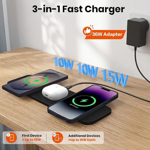 ZealSound Wireless Charging Pad, 3-in-1 Fast Wireless Charger with 36W Adapter for iPhone 17/16/15, Samsung Galaxy, AirPods & Galaxy Buds, Ultra-Slim PU Leather Charging Station for Home Office Travel in Kuwait