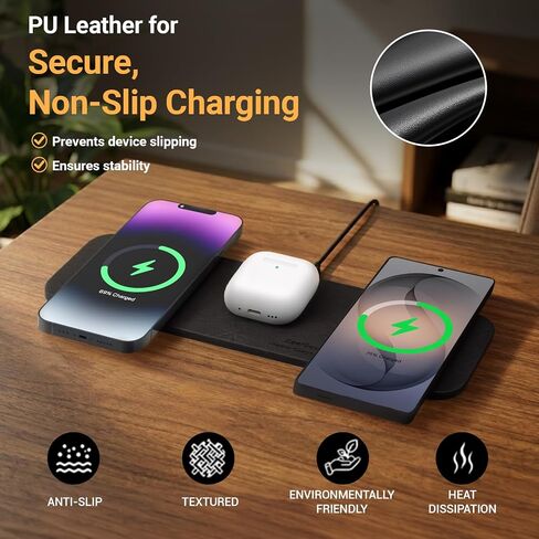 ZealSound Wireless Charging Pad, 3-in-1 Fast Wireless Charger with 36W Adapter for iPhone 17/16/15, Samsung Galaxy, AirPods & Galaxy Buds, Ultra-Slim PU Leather Charging Station for Home Office Travel in Kuwait