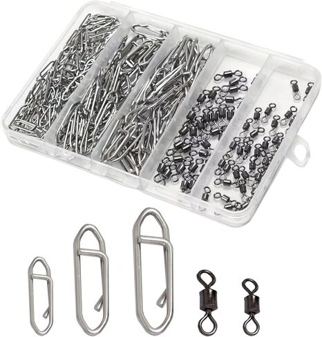 220pcs Speed Clips and Barrel Swivels Kit, Stainless Steel Quick Change Lure Snaps & Heavy Duty Saltwater Black Nickel Rolling Swivels, Terminal Tackle Assortment for Bass & Surf Fishing in Kuwait