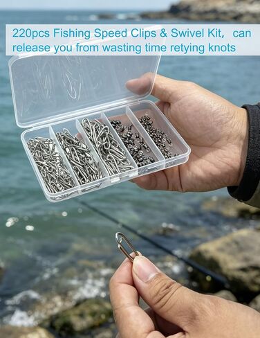 220pcs Speed Clips and Barrel Swivels Kit, Stainless Steel Quick Change Lure Snaps & Heavy Duty Saltwater Black Nickel Rolling Swivels, Terminal Tackle Assortment for Bass & Surf Fishing in Kuwait