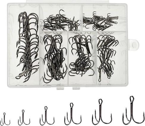 Afmivs Treble Fishing Hooks Freshwater Saltwater, 100pcs Treble Hooks for Lures, 6sizes Fish Hooks Trout Hooks Catfish Hooks for Fishing #2#4#6#8#10#12 High Carbon Steel with Portable Plastic Box in Kuwait