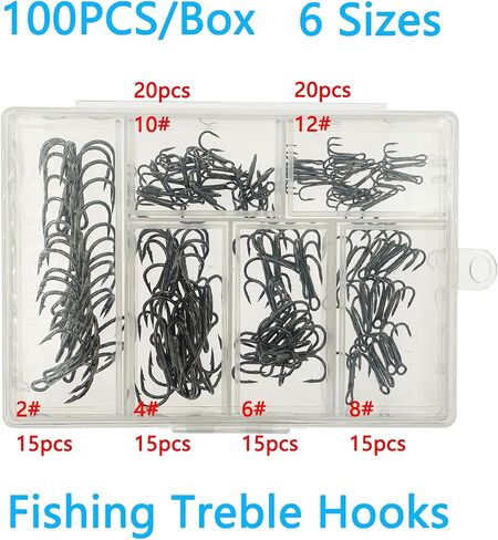 Afmivs Treble Fishing Hooks Freshwater Saltwater, 100pcs Treble Hooks for Lures, 6sizes Fish Hooks Trout Hooks Catfish Hooks for Fishing #2#4#6#8#10#12 High Carbon Steel with Portable Plastic Box in Kuwait