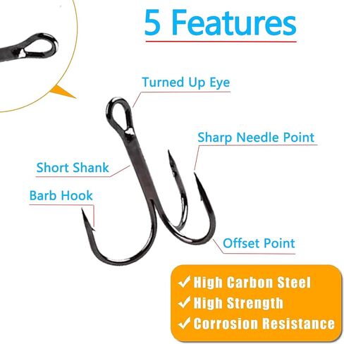 Afmivs Treble Fishing Hooks Freshwater Saltwater, 100pcs Treble Hooks for Lures, 6sizes Fish Hooks Trout Hooks Catfish Hooks for Fishing #2#4#6#8#10#12 High Carbon Steel with Portable Plastic Box in Kuwait