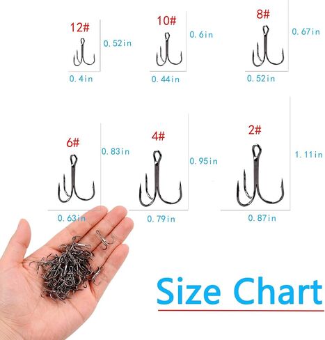 Afmivs Treble Fishing Hooks Freshwater Saltwater, 100pcs Treble Hooks for Lures, 6sizes Fish Hooks Trout Hooks Catfish Hooks for Fishing #2#4#6#8#10#12 High Carbon Steel with Portable Plastic Box in Kuwait