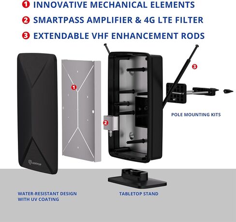 ANTOP AT-406BV Flat Panel Mini Big Boy Indoor and Outdoor Smartpass Amplified HDTV Antenna with High Gain and Built-in 4G LTE Filter – Up to 80 Miles Long Range in Kuwait