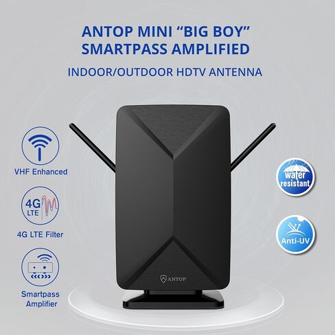 ANTOP AT-406BV Flat Panel Mini Big Boy Indoor and Outdoor Smartpass Amplified HDTV Antenna with High Gain and Built-in 4G LTE Filter – Up to 80 Miles Long Range in Kuwait