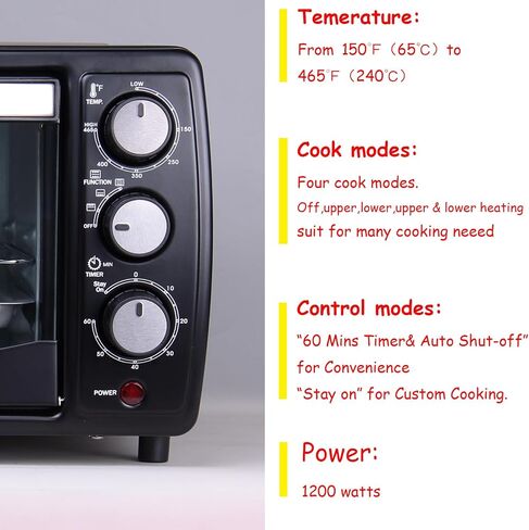 GT12 Black Countertop Toaster Oven, 12L Compact Small Oven, 1200W, Fits 4 Slices, 4 Cooking Modes, 60-Min Timer & Adjustable Temperature, For Toast, Bake & Broil, Ideal for Apartment & Dorm in Kuwait