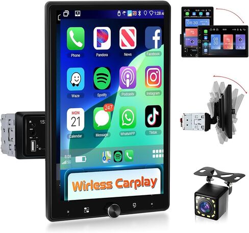 Podofo 10.4" Single Din Radio Car Stereo with Wireless CarPlay & Android Auto, Rotatable Touch Screen, Bluetooth, 16-Band EQ Audio, Mirror Link, SWC, FM, USB, TF, Backup Camera in Saudi Arabia
