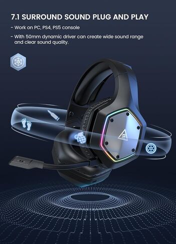 EKSA Wireless Gaming Headset for PC, PS5,PS4, Switch, Gaming Headphone with ENC Noise Cancelling Microphone, 7.1 Surround Sound, USB Computer Headset, 50mm Driver, 36H Battery, RGB Light in Kuwait