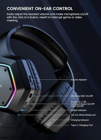 EKSA Wireless Gaming Headset for PC, PS5,PS4, Switch, Gaming Headphone with ENC Noise Cancelling Microphone, 7.1 Surround Sound, USB Computer Headset, 50mm Driver, 36H Battery, RGB Light in Kuwait