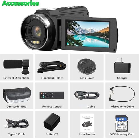 5K Video Camera Camcorder UHD 48MP 60FPS WiFi Vlog Camera for YouTube 10X Optical Zoom Camcorders with Remote Control, Handheld Stabilizer, Microphone, 2 Batteries, Large Aperture, 64 GB Memory Card in Saudi Arabia