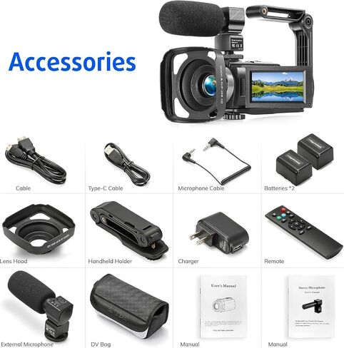 Camcorder FHD 1080P Video Camera for YouTube with 30FPS 36MP 3.0 Inch 270 Degree Rotation LCD, 16X Digital Zoom Vlogging Camera for Beginners with 2 Batteries Microphone, Remote, Stabilizer, Lens Hood in Saudi Arabia