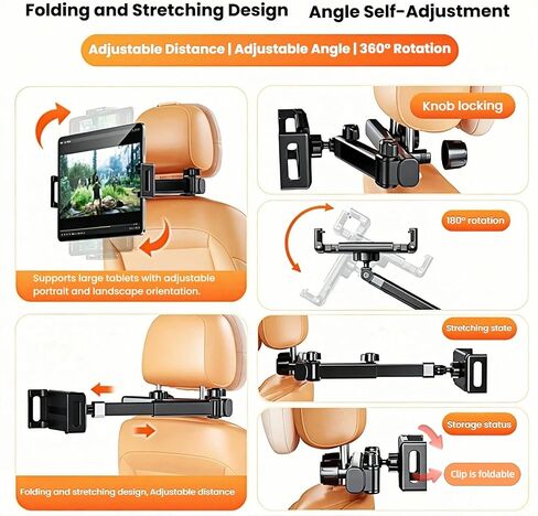 Chapter Seven Car Headrest Tablet Holder,[Lockable 3 in 1 Extension Arm & 360° Rotation],Tablet Mount for Car Backseat,Gifts Road Trip Essentials for Kids,for 4.7-13" Devices in Kuwait