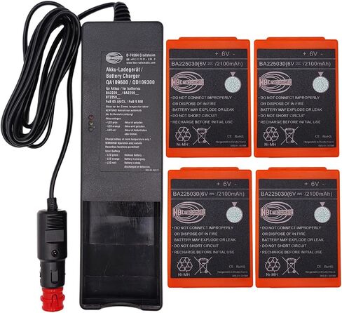 (1-Pack) DC 10V-30V QA109600/QD109300 Charger with (4-Pack) HBC Radiomatic 6V 2100mAh BA225030 Battery for HBC Wireless Romote Control Battery in Kuwait