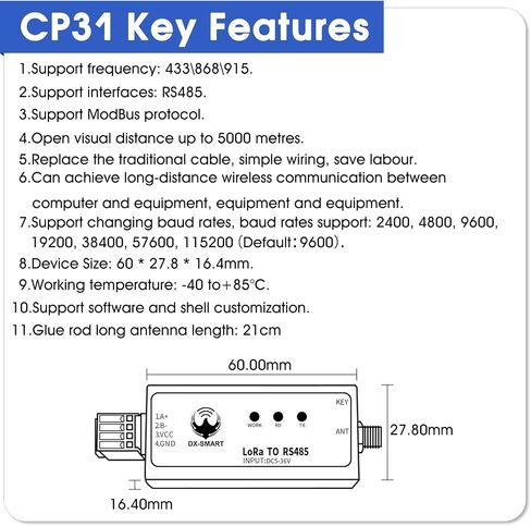 CP31 LORA Adapter RS485 to Bluetooth Serial Adapter Industrial Wireless 5000m Long Distance Communication (DX-CP31(T0)) in Kuwait