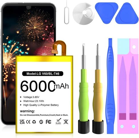 for LG V60 ThinQ Battery,[6000mAh ](𝟮𝟬𝟮6 𝗡𝗲𝘄 𝗨𝗽𝗴𝗿𝗮𝗱𝗲) High Capacity Battery Replacement for LG V60 ThinQ 5G BL-T46 LM-V600TM T-Mobile/Sprint/U.S. Cellular with Repair Tool Kits in Kuwait