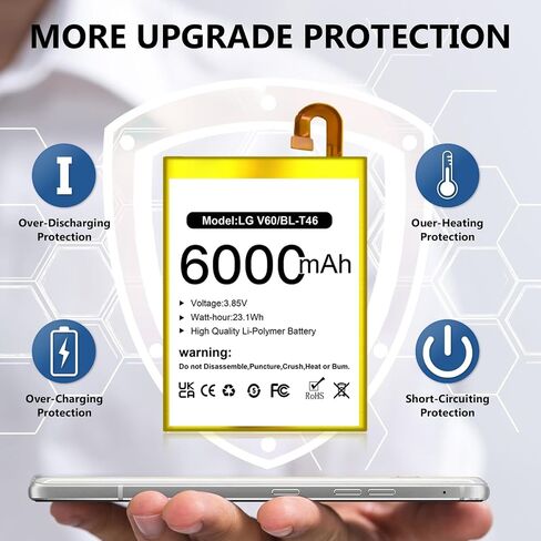 for LG V60 ThinQ Battery,[6000mAh ](𝟮𝟬𝟮6 𝗡𝗲𝘄 𝗨𝗽𝗴𝗿𝗮𝗱𝗲) High Capacity Battery Replacement for LG V60 ThinQ 5G BL-T46 LM-V600TM T-Mobile/Sprint/U.S. Cellular with Repair Tool Kits in Kuwait