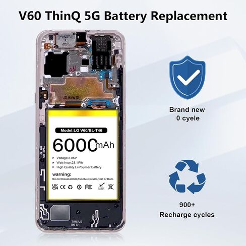 for LG V60 ThinQ Battery,[6000mAh ](𝟮𝟬𝟮6 𝗡𝗲𝘄 𝗨𝗽𝗴𝗿𝗮𝗱𝗲) High Capacity Battery Replacement for LG V60 ThinQ 5G BL-T46 LM-V600TM T-Mobile/Sprint/U.S. Cellular with Repair Tool Kits in Kuwait