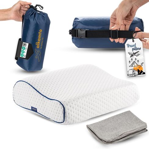 alkamto Travel & Camping Comfortable Memory Foam Pillow – Easy to Carry Portable Bag – Temperature Regulating Pillow Case (White Contour + Extra Cover) in Kuwait