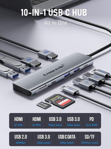 Laptop Docking Station Dual HDMI Monitor, 10 in 1 USB C Hub with 2 HDMI Ports, PD Charging, SD/TF, 5 USB C/A Ports, Laptop Docking Station for Dell XPS/HP/Lenovo/Surface(MacOS only Supports SST Mode) in Saudi Arabia