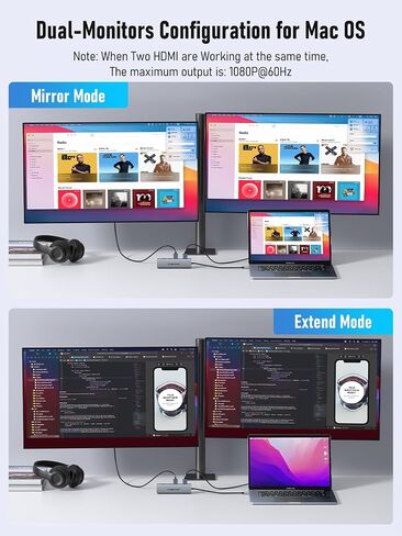 Laptop Docking Station Dual HDMI Monitor, 10 in 1 USB C Hub with 2 HDMI Ports, PD Charging, SD/TF, 5 USB C/A Ports, Laptop Docking Station for Dell XPS/HP/Lenovo/Surface(MacOS only Supports SST Mode) in Saudi Arabia