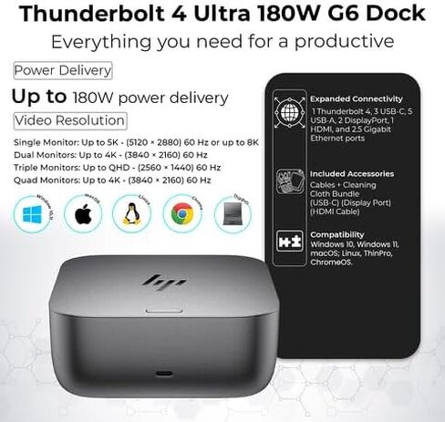 Thunderbolt 4 Ultra 180W G6 Dock (9X481UT#ABA) Bundle with Anyhdd DP & HDMI andUSB C to C Cables, and Anyhdd Microfiber Cleaning Cloth in Kuwait