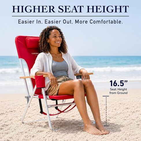 CARIBBEAN JOE Folding Beach Chair, 4 Position Portable Backpack Foldable Camping Chair with Headrest, Cup Holder, and Wooden Armrests (Red, 350lbs Capacity) in Kuwait