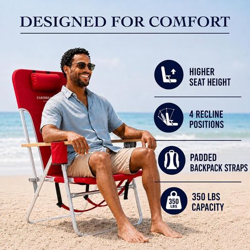 CARIBBEAN JOE Folding Beach Chair, 4 Position Portable Backpack Foldable Camping Chair with Headrest, Cup Holder, and Wooden Armrests (Red, 350lbs Capacity) in Kuwait