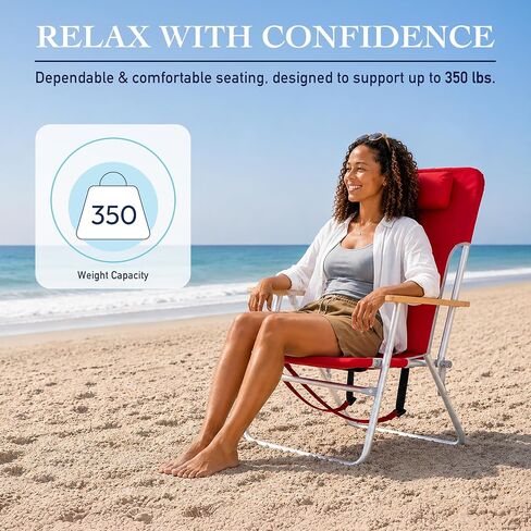 CARIBBEAN JOE Folding Beach Chair, 4 Position Portable Backpack Foldable Camping Chair with Headrest, Cup Holder, and Wooden Armrests (Red, 350lbs Capacity) in Kuwait