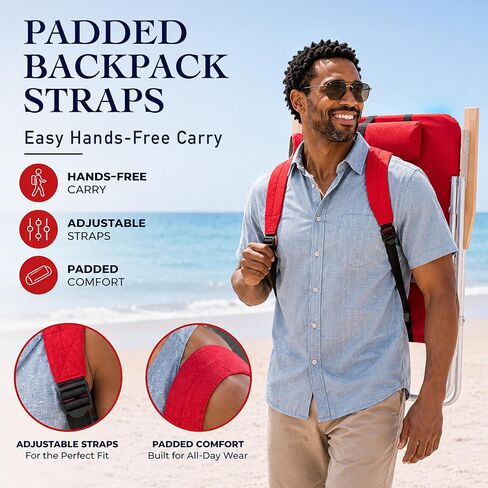 CARIBBEAN JOE Folding Beach Chair, 4 Position Portable Backpack Foldable Camping Chair with Headrest, Cup Holder, and Wooden Armrests (Red, 350lbs Capacity) in Kuwait
