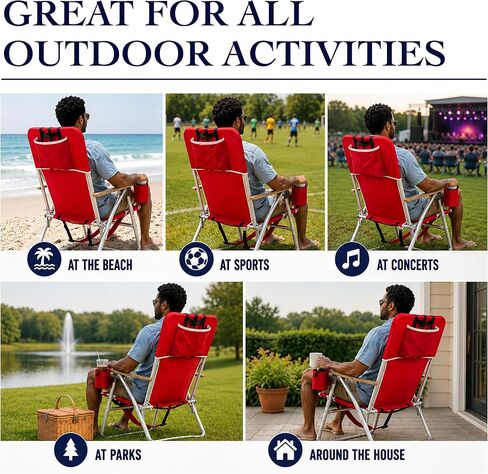 CARIBBEAN JOE Folding Beach Chair, 4 Position Portable Backpack Foldable Camping Chair with Headrest, Cup Holder, and Wooden Armrests (Red, 350lbs Capacity) in Kuwait