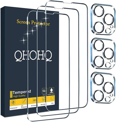 QHOHQ 3 Pack Screen Protector for iPhone 13 Pro Max 6.7" with 3 Pack Tempered Glass Camera Lens Protector, Ultra HD, 9H Hardness, Scratch Resistant, Easy Install - Case Friendly in Saudi Arabia