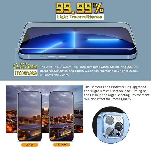 QHOHQ 3 Pack Screen Protector for iPhone 13 Pro Max 6.7" with 3 Pack Tempered Glass Camera Lens Protector, Ultra HD, 9H Hardness, Scratch Resistant, Easy Install - Case Friendly in Saudi Arabia