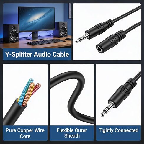 3.5mm Headset Splitter Stereo Female to 2-Male Y-Splitter Audio Cable 2m, 3.5mm Cable, 1/8" Headphone Jack Splitter for Speaker, Pc, Laptop, Aluminum Connector in Saudi Arabia