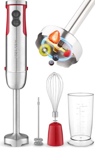 Zulay Kitchen 4-in-1 Immersion Blender 800W Hand Blender Set with Whisk, Milk Frother & 600ml Cup, 12-Speed Stick Blender with Turbo Mode for Soups, Smoothies, Sauces, Purees & Baby Food (Red) in Kuwait