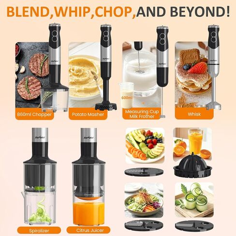 SUNVIVI 10-in-1 Immersion Blender Hand Blenders Set, 1000W Hand Stick Blender with 12-Speed, 860ml Chopper, Potato Masher, Whisk, Juicer, Frother for Soup, Baby Food and Smoothies, Black in Kuwait